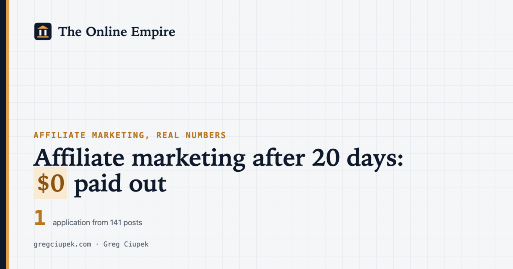 Cover: how much you can make with affiliate marketing, the funnel of a new blog after 20 days, one application from 141 posts